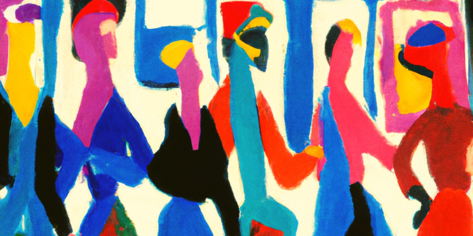 Bright painting of women walking