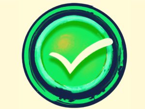 White certification mark tick in green and blue circle